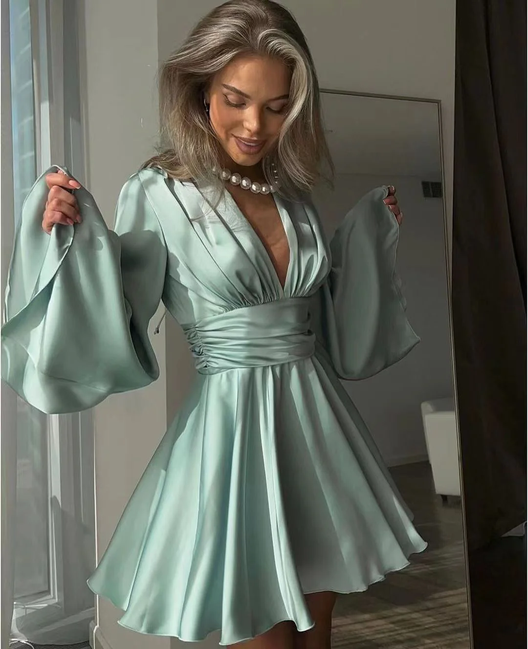 Agafiya Luxe Satin Dress In Teal