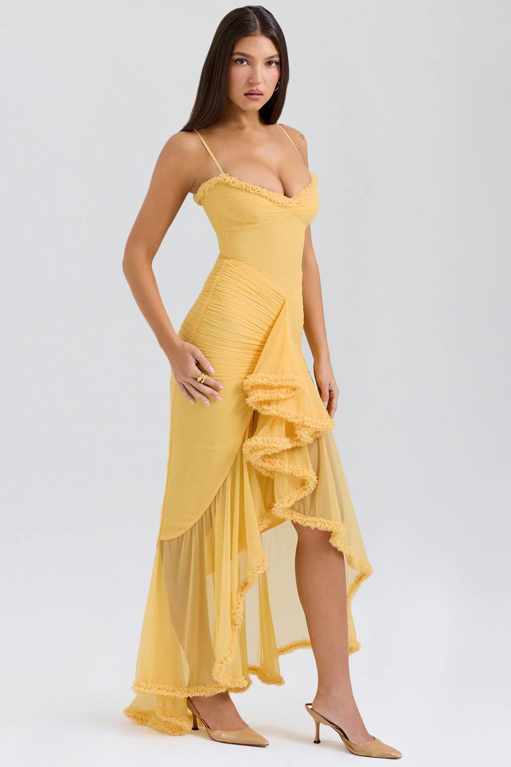 Alana Statement Bodycon Ruffled Dress In Yellow - Image 8