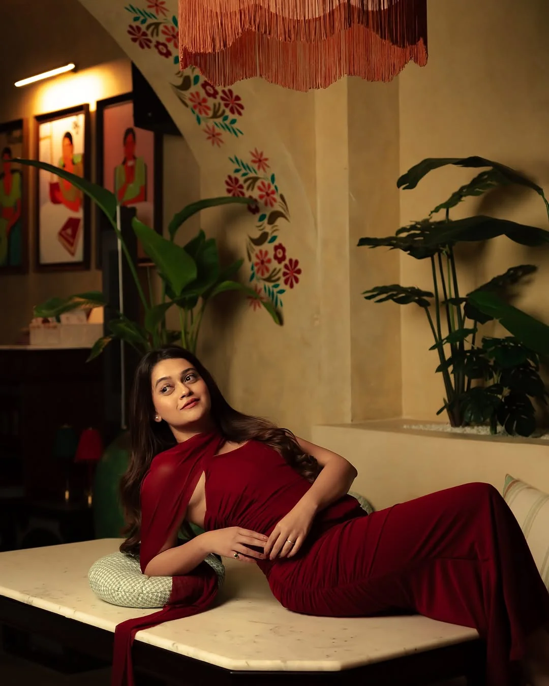 Alara Summer Set of Top And Skirt With Scarf In Maroon - Image 4