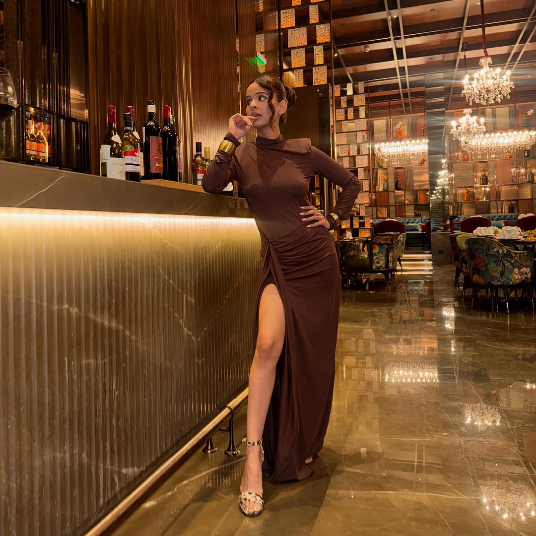 Alina Statement Slit Cut Maxi Dress In Brown - Image 2