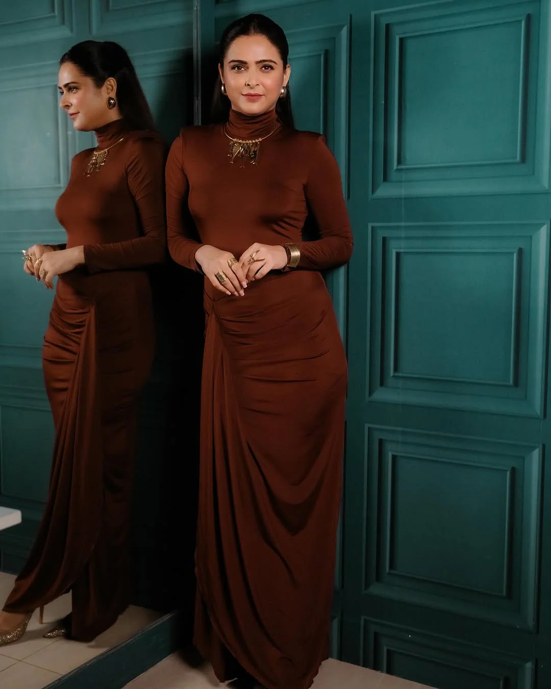 Alina Statement Slit Cut Maxi Dress In Brown - Image 9