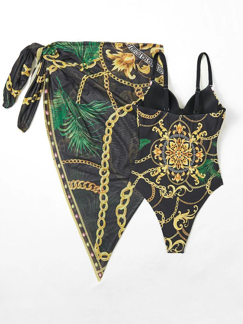 Alondra Swimsuit With Sarong In Black - Image 2