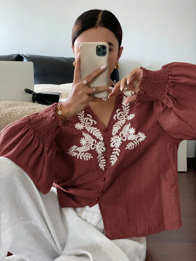 Amanda Cotton Embroidered Top In Rust - Image 2