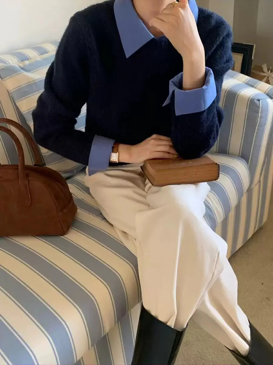 Ambre Statement Shirt With Attached Sweater In Navy Blue - Image 3