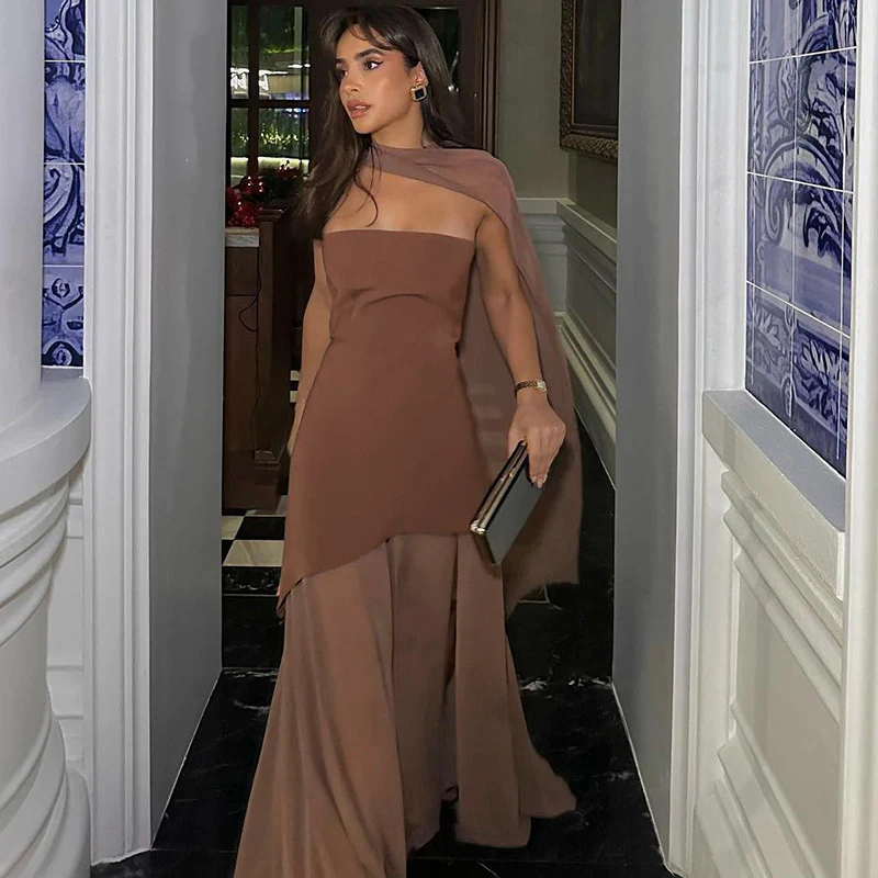 Annora Off-Shoulder Maxi Dress With Scarf In Brown - Image 5