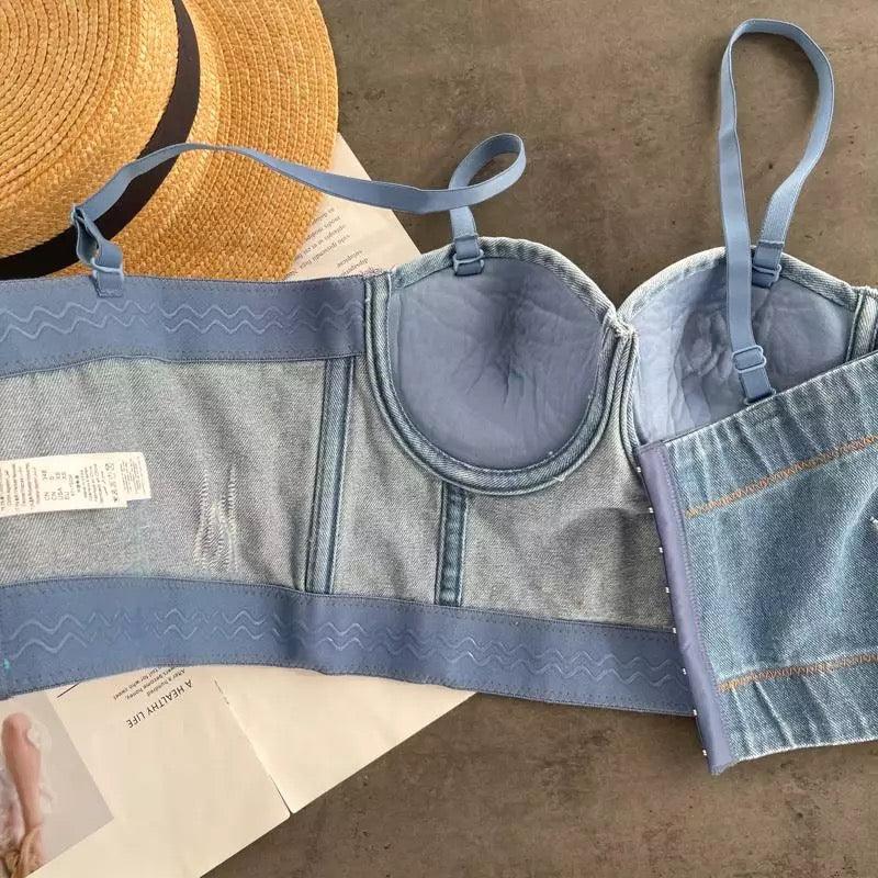 Aster Denim Bustier In Blue - Image 2