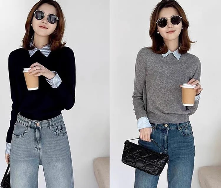 Blair Statement Tops with Attached Sweater In Navy Blue - Image 2