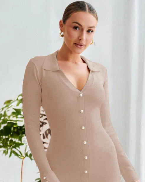 Bronte Luxe Winter Mini Dress In Beige - Image 2