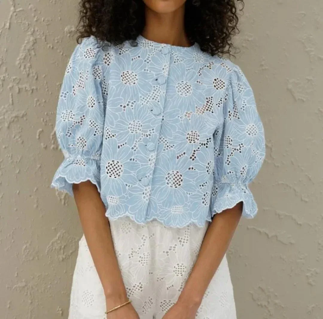 Coral Eyelet  Summer Top In Blue - Image 4