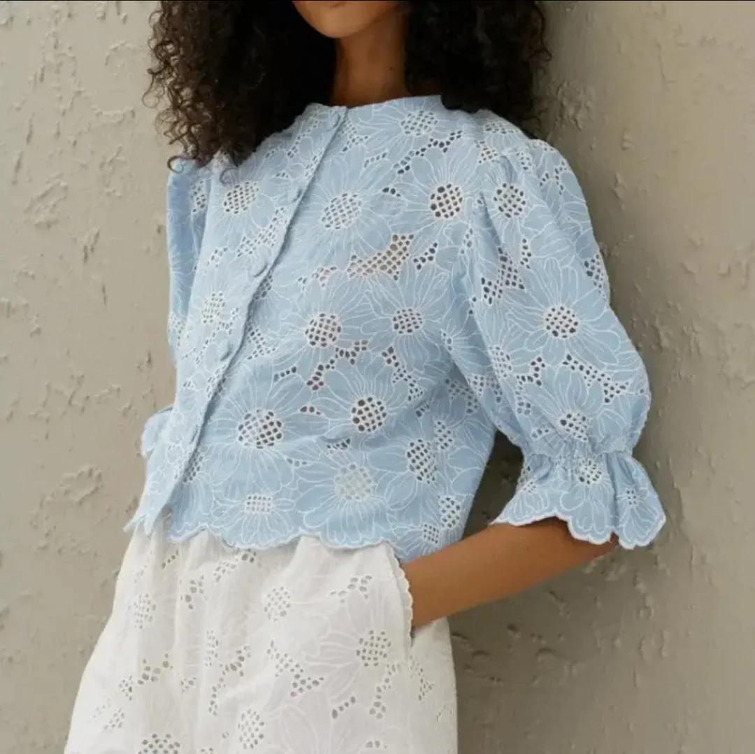Coral Eyelet  Summer Top In Blue - Image 5