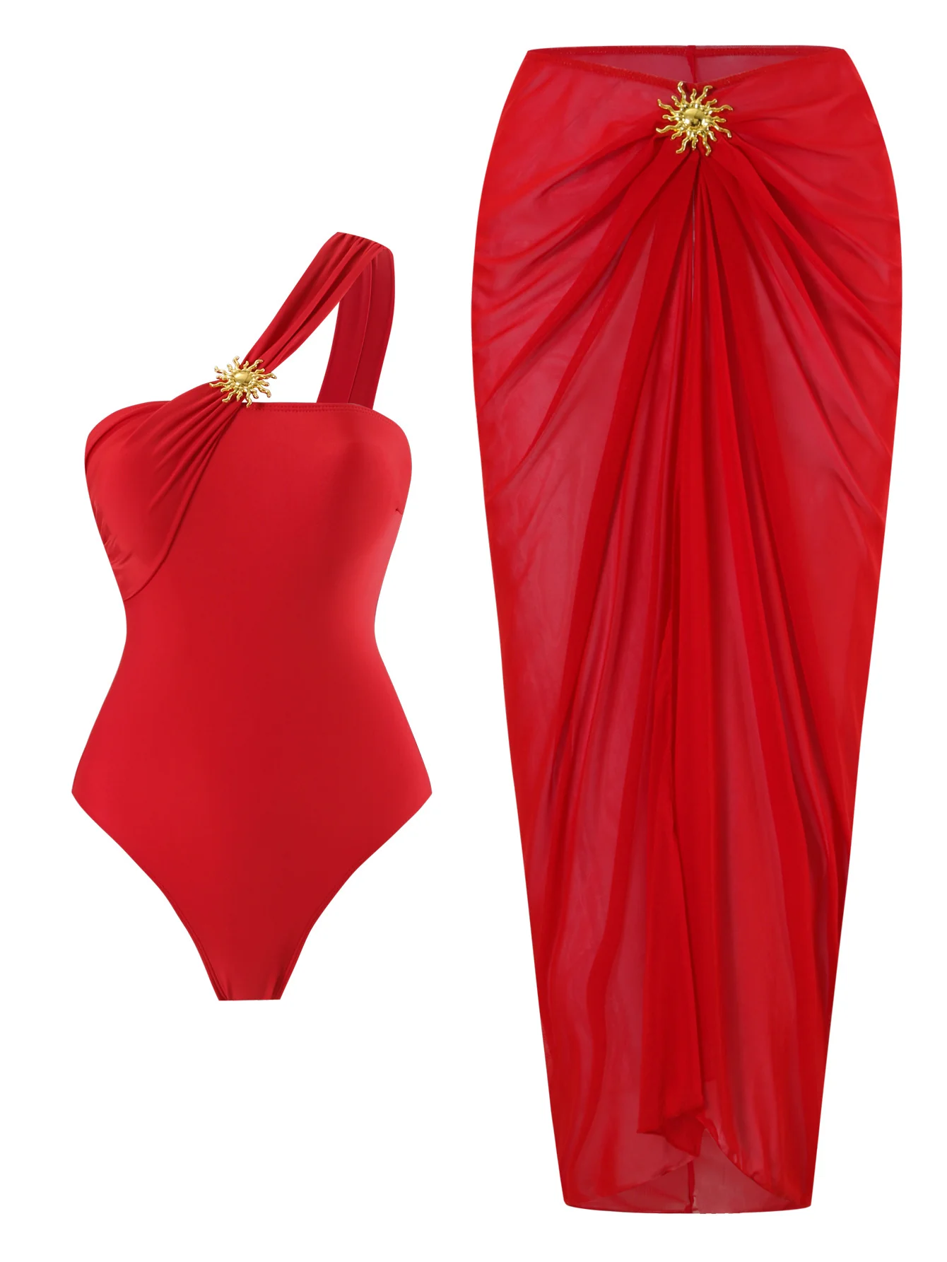 Coral Swimsuit With Skirt