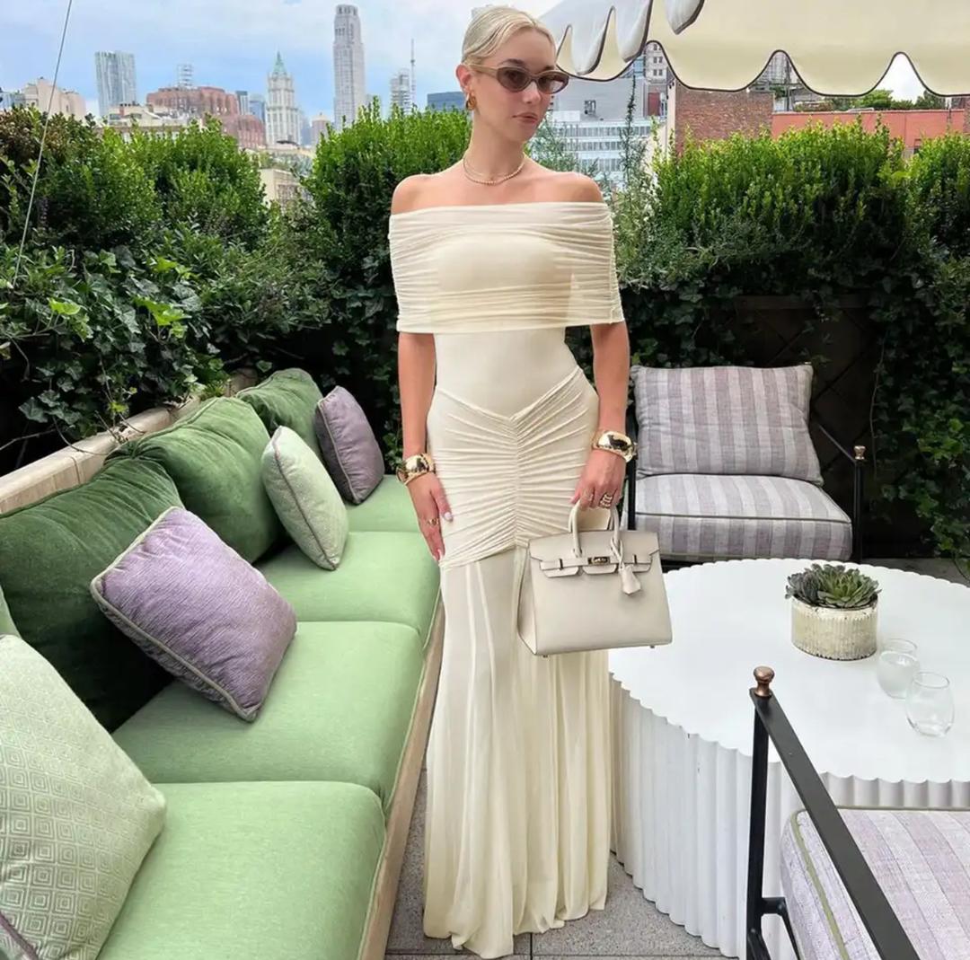 Cosmic Offshoulder Ruched Maxi Dress In Off-White - Image 4