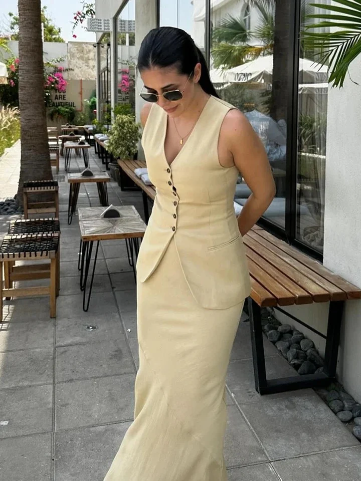 Cynthia Statement Vest Suit with Skirt In Beige - Image 6