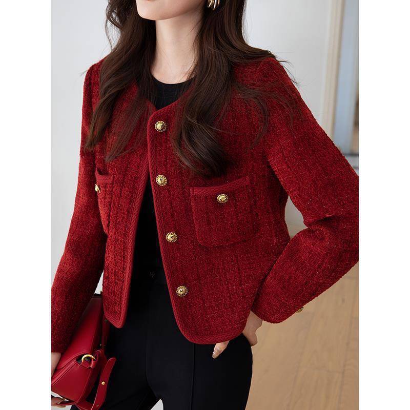 Darya Statement Tweed Jacket in Maroon - Image 3