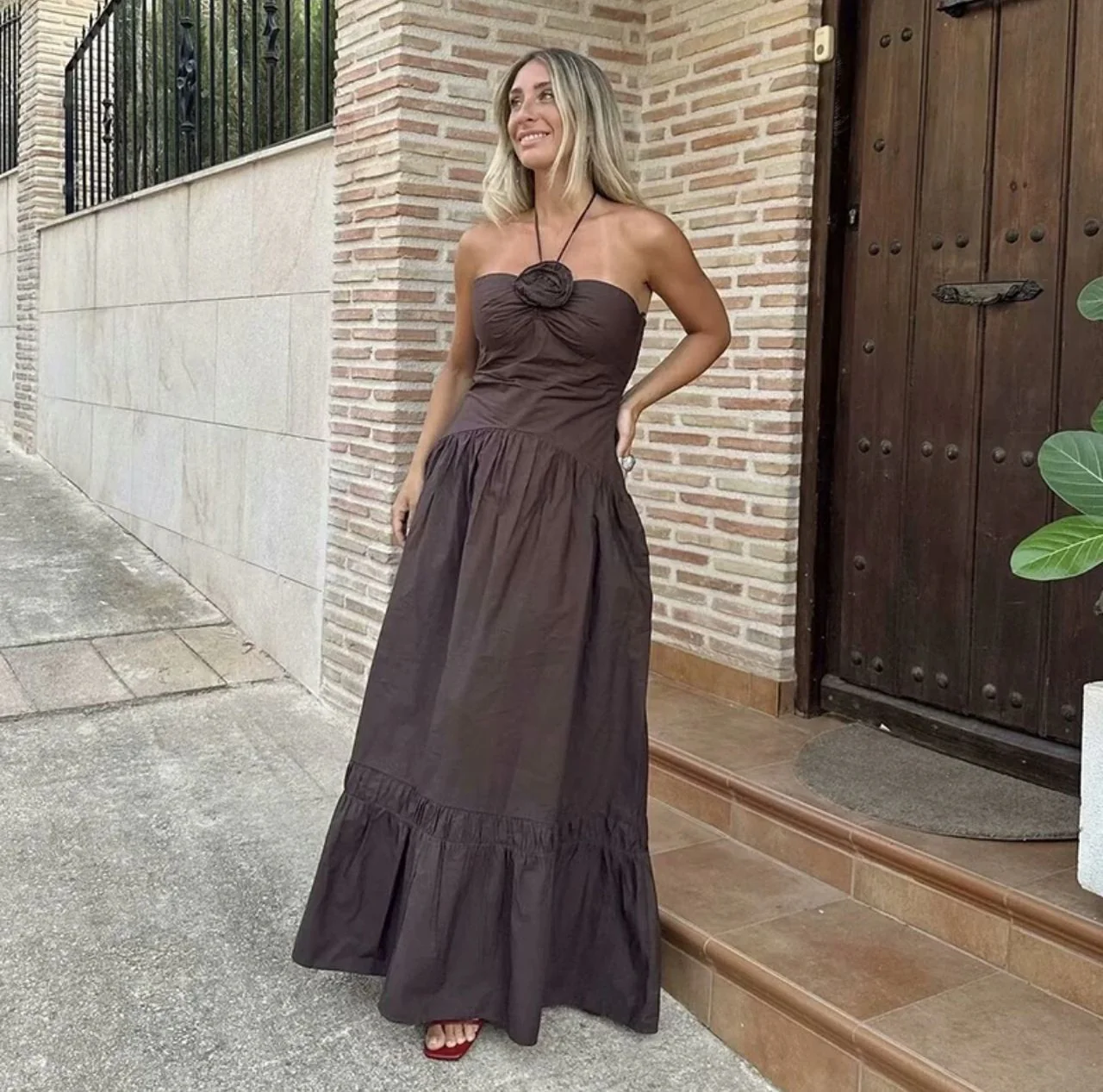 Delma Rosette Holiday Maxi Dress In Brown