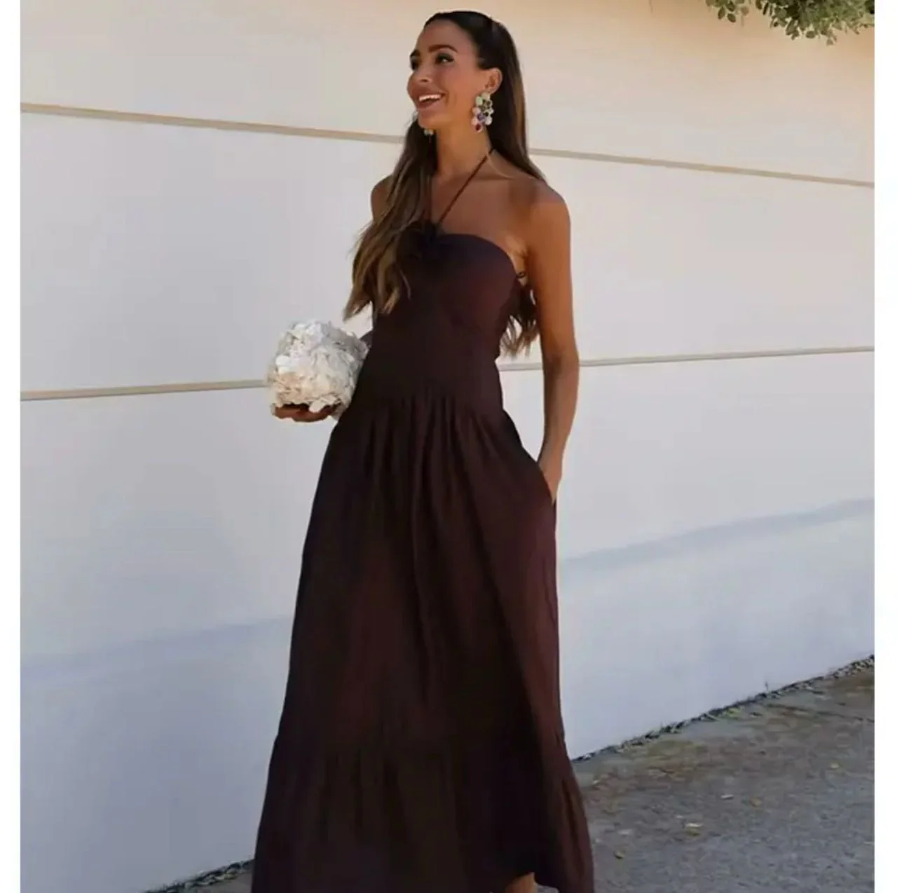 Delma Rosette Holiday Maxi Dress In Brown - Image 2