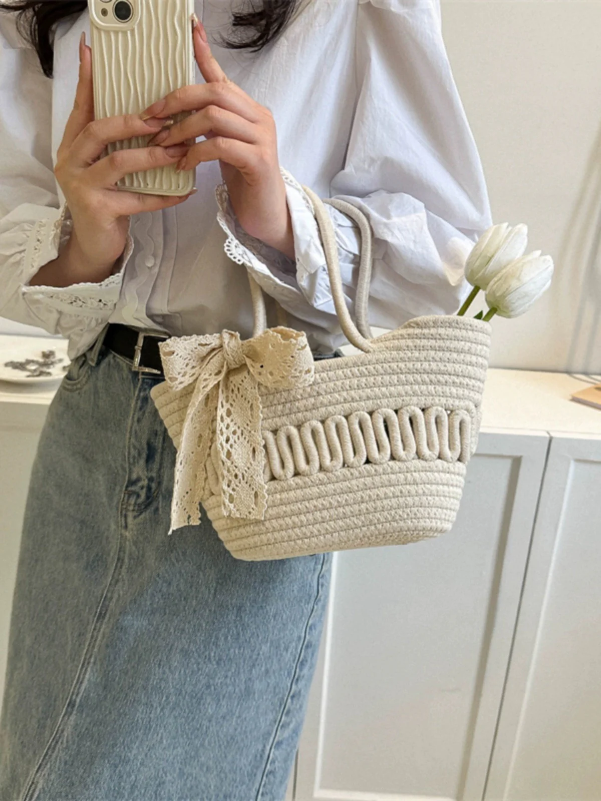 Delson Crochet Summer Bag with Bow In Beige - Image 3