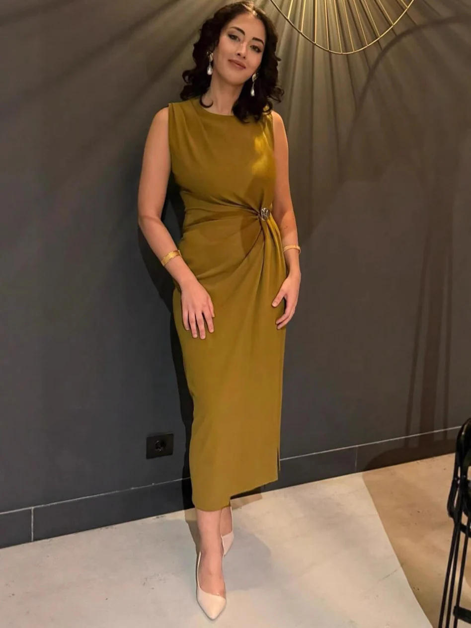 Desmia Luxe Slit Maxi Dress In Olive - Image 2