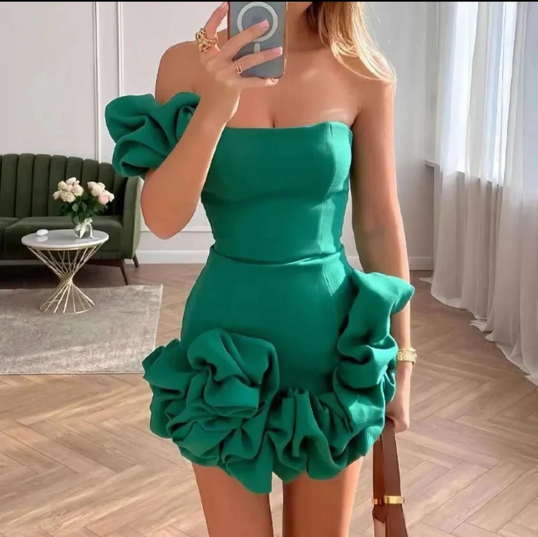 Diana One Shoulder Ruffled Dress In Green - Image 3