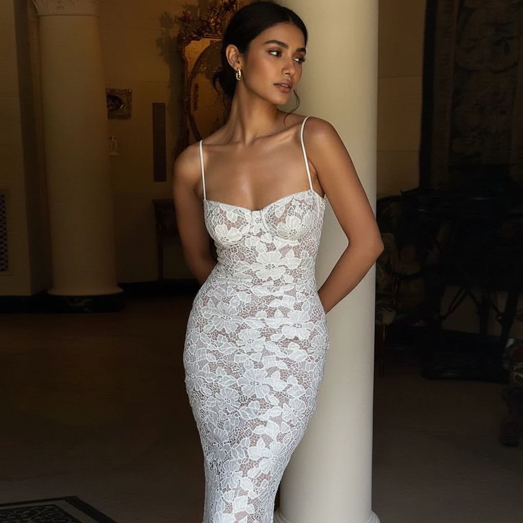 Diva Lace Bodycon Maxi Dress In White - Image 2