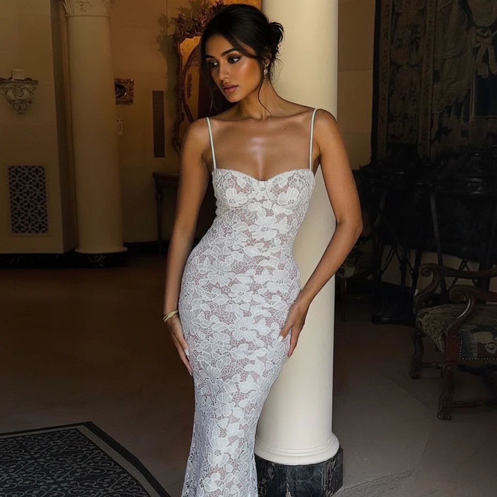 Diva Lace Bodycon Maxi Dress In White - Image 5
