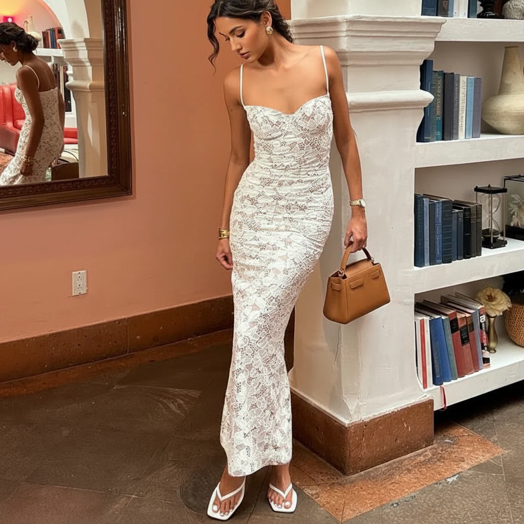 Diva Lace Bodycon Maxi Dress In White - Image 7