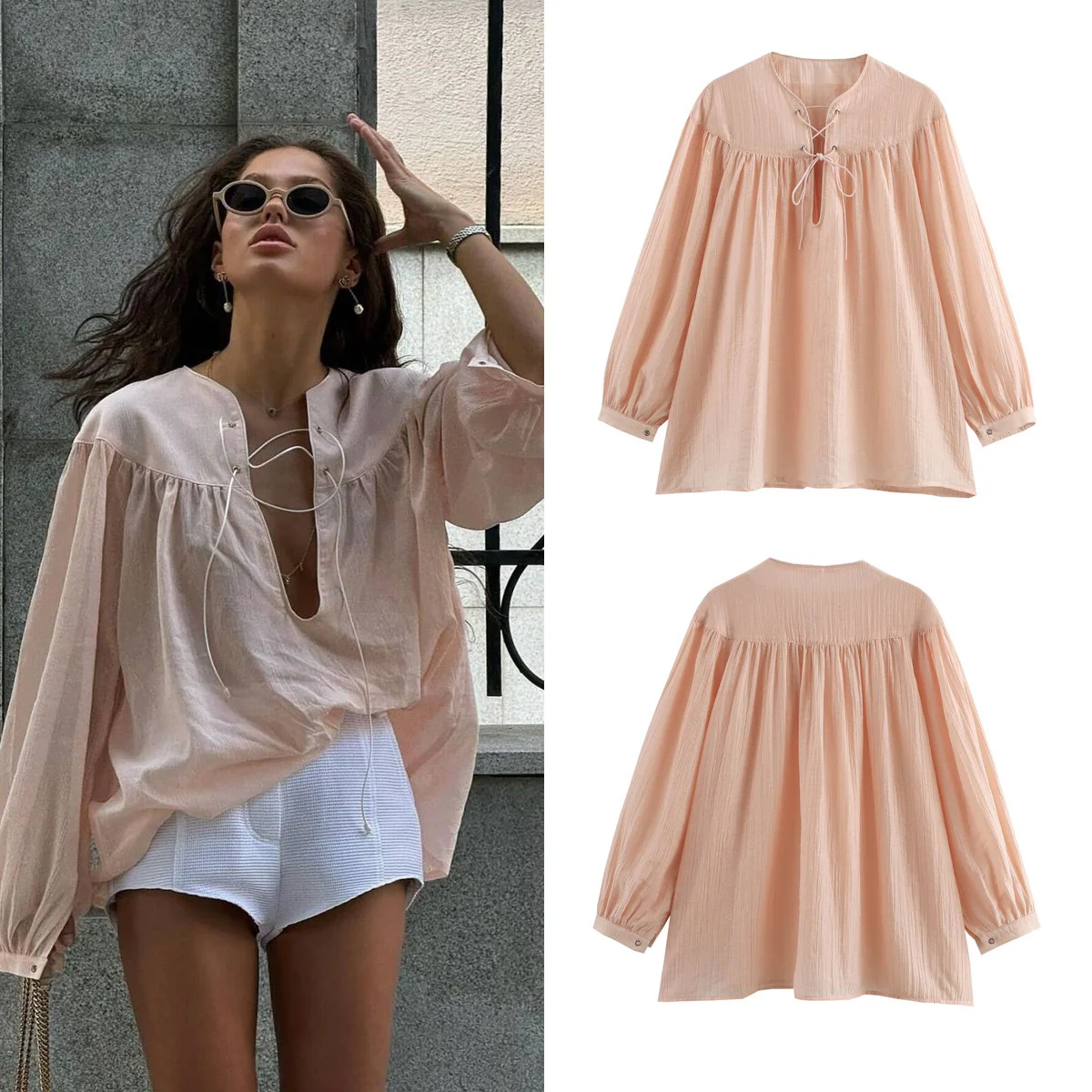 Elara Lace-Up Oversized Summer Top In Peach - Image 13