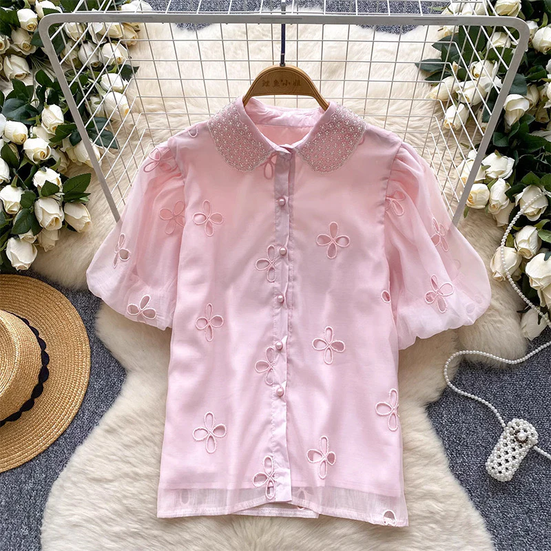 Elea Embellished Collar Top In Pink - Image 2