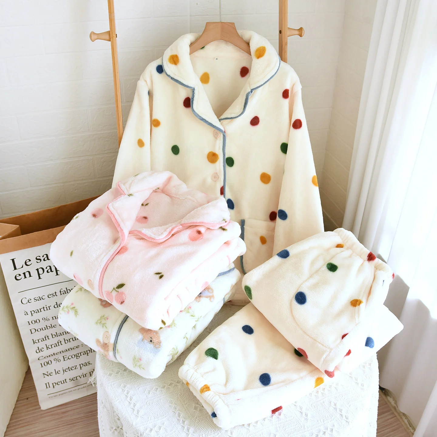 Elena Polka Fleece Nightsuit In Cream - Image 2