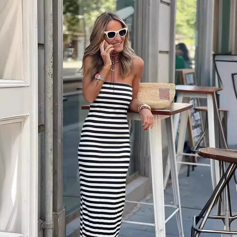 Emery Striped Offshoulder Dress In Black - Image 2