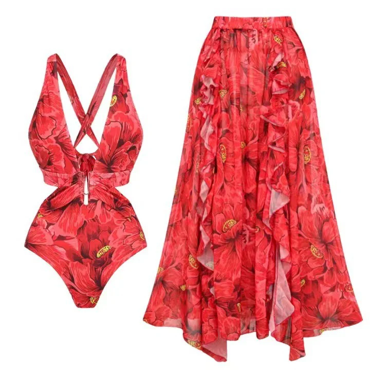 Erica Swimsuit With Ruffled Skirt In Red - Image 4