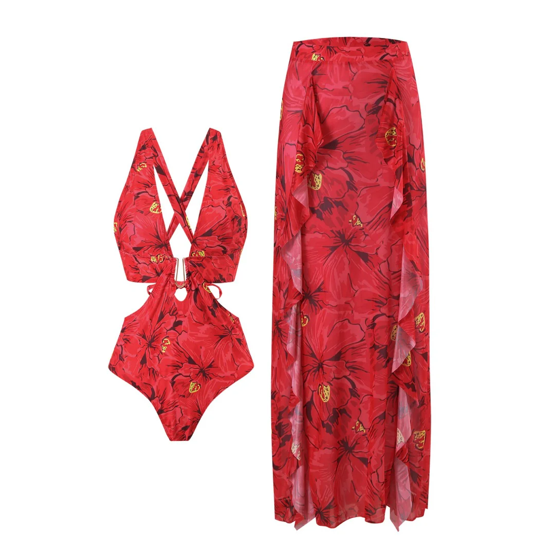 Erica Swimsuit With Ruffled Skirt In Red - Image 5