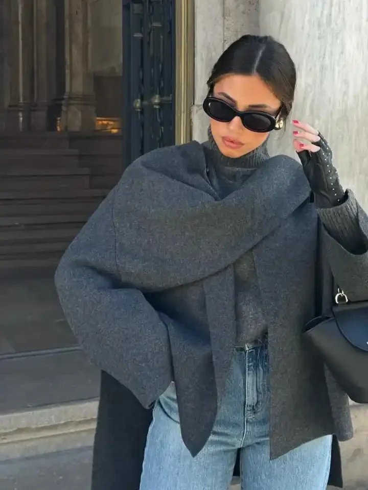 Essie Vintage Woolen Short Coat With Scarf In Grey - Image 12