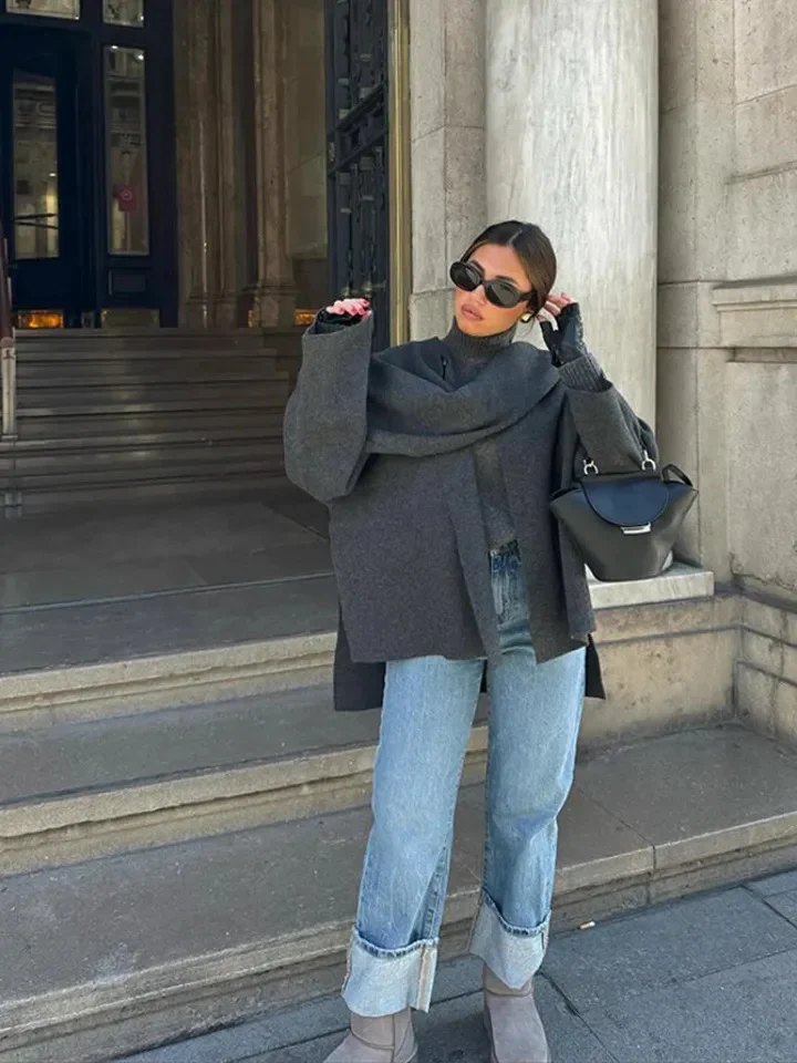 Essie Vintage Woolen Short Coat With Scarf In Grey - Image 13