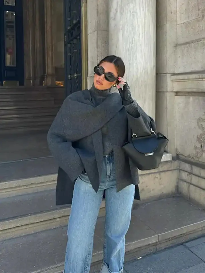 Essie Vintage Woolen Short Coat With Scarf In Grey - Image 2