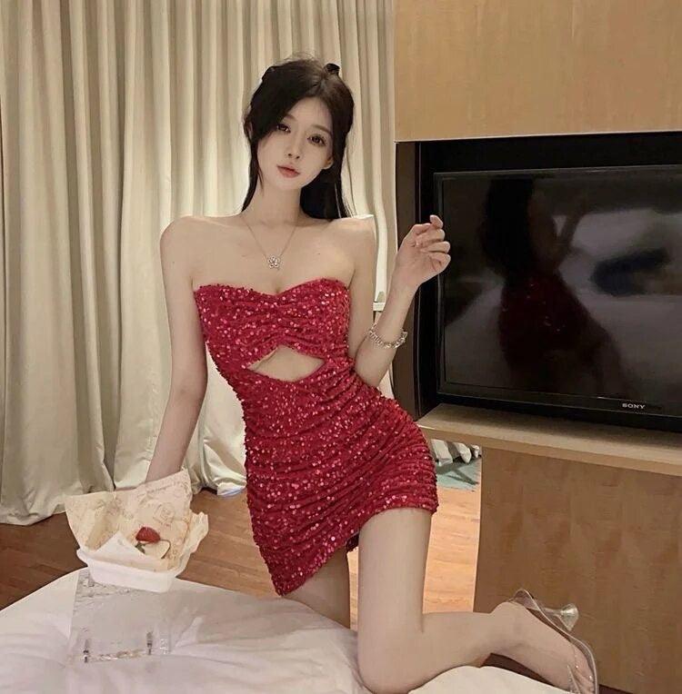 Fiona Sequinned Party Dress In Red - Image 4