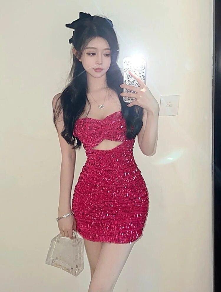 Fiona Sequinned Party Dress In Red - Image 5