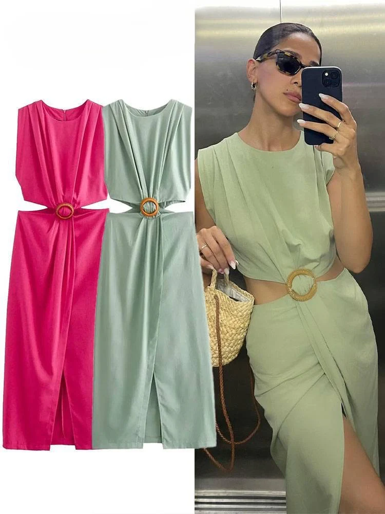 Galina Waist Cut-Out Slit Dress In Pista Green - Image 3