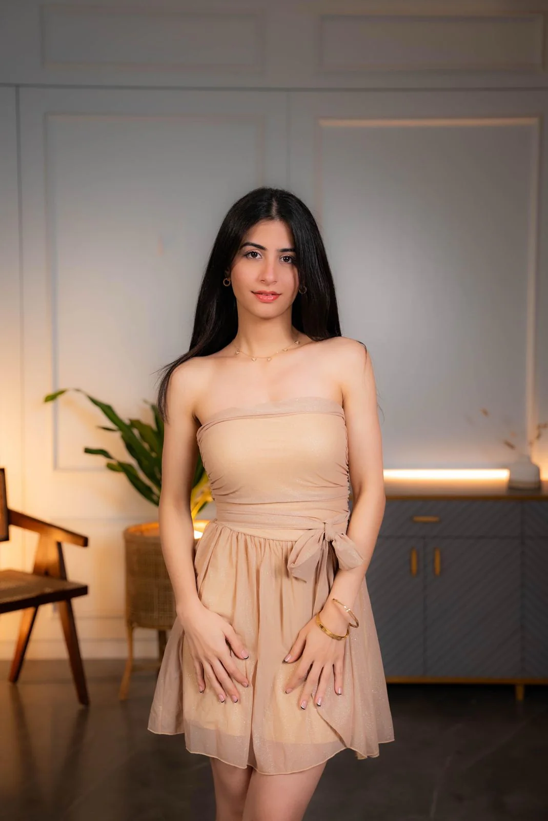 Galliana Strapless Mesh Dress In Beige - Image 4