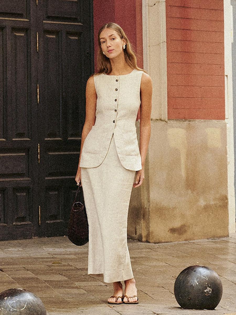 Geneva Statement Linen Vest Suit With Skirt In Beige - Image 2