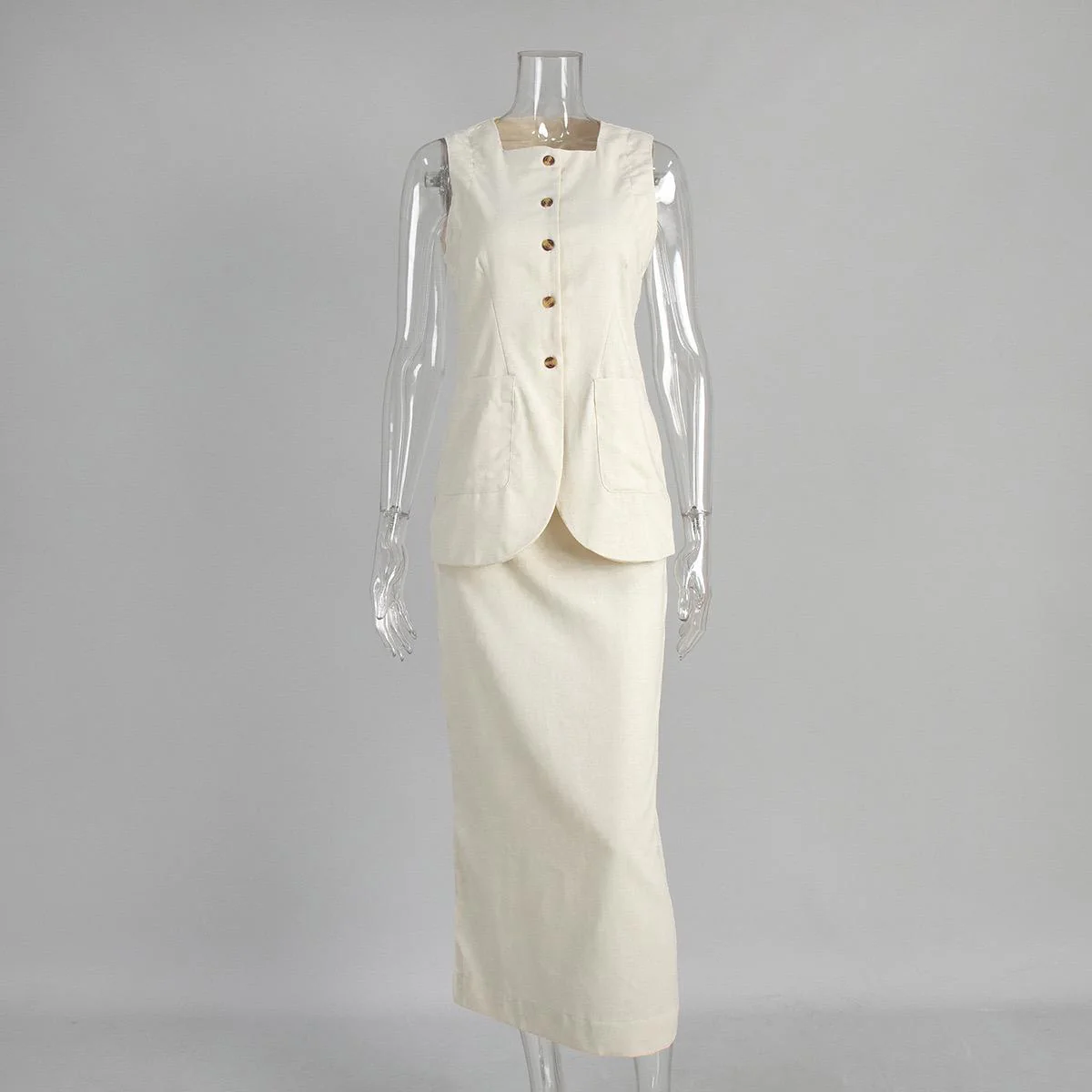 Geneva Statement Linen Vest Suit With Skirt In Beige - Image 3