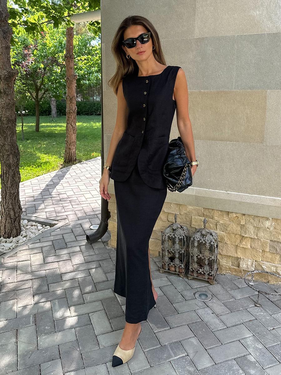 Geneva Statement Linen Vest Suit With Skirt In Black - Image 2