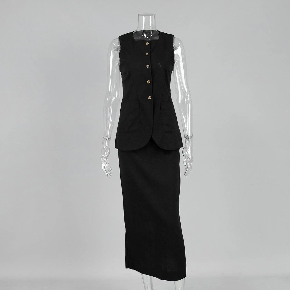 Geneva Statement Linen Vest Suit With Skirt In Black - Image 5
