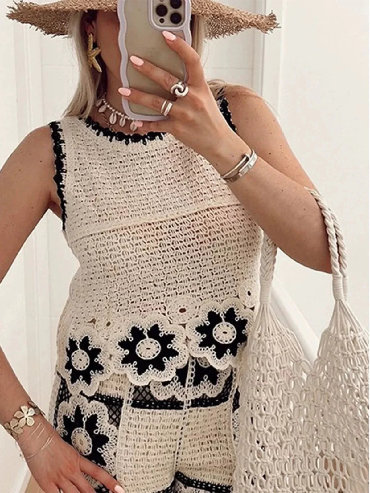 Hanako Crochet Coord Set -Resortwear In Beige - Image 4