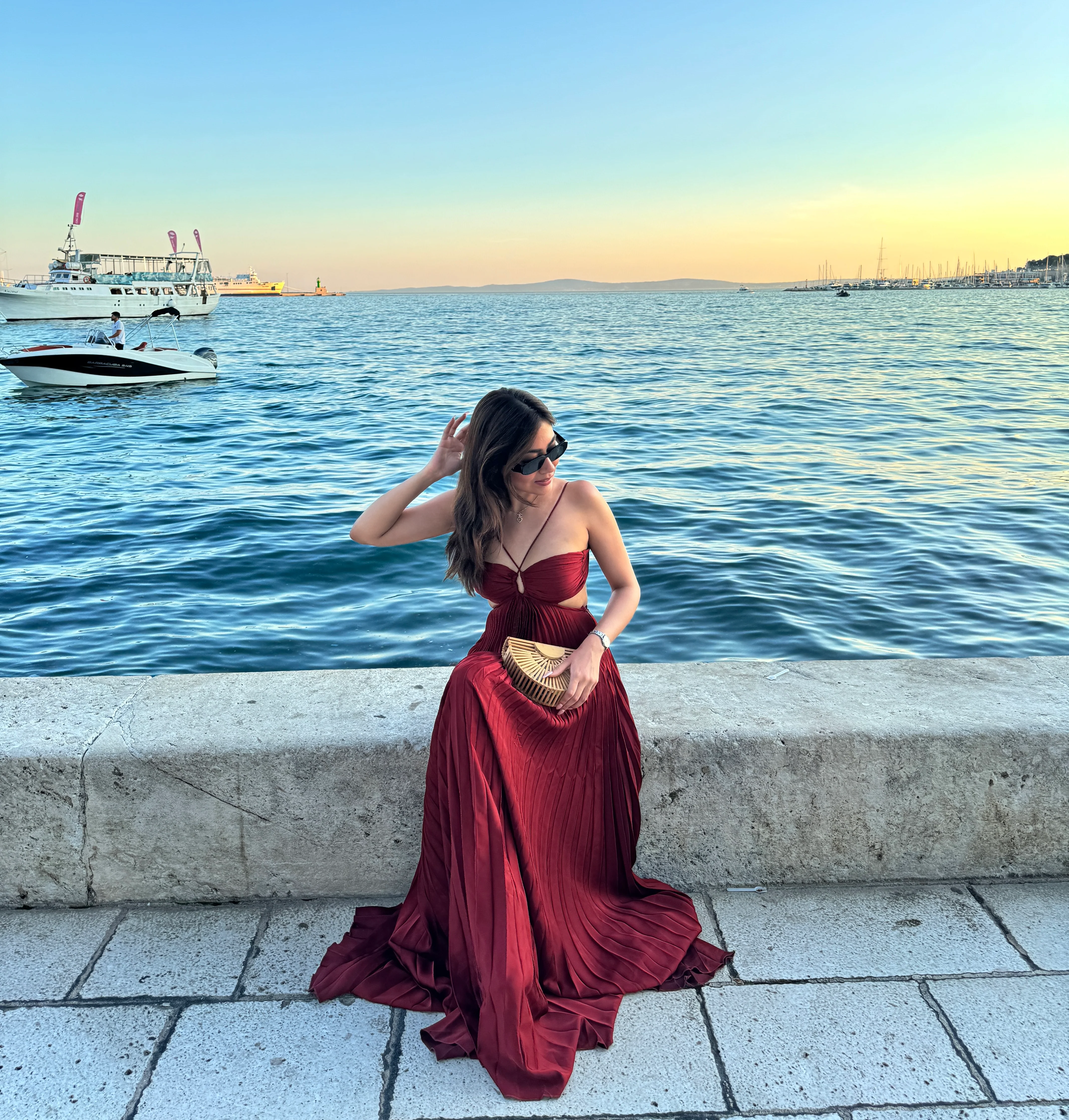 Hay Luxe Pleated Flowy Maxi Dress In Maroon - Image 11