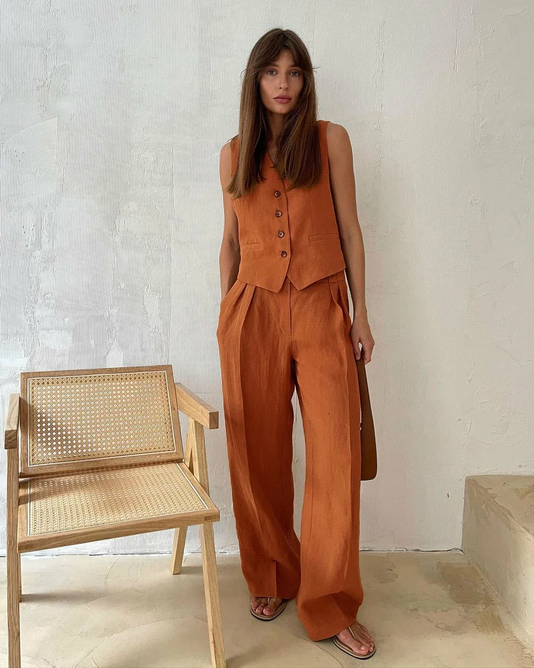 Hodor Statement Linen Vest Suit with Pants In Orange - Image 2