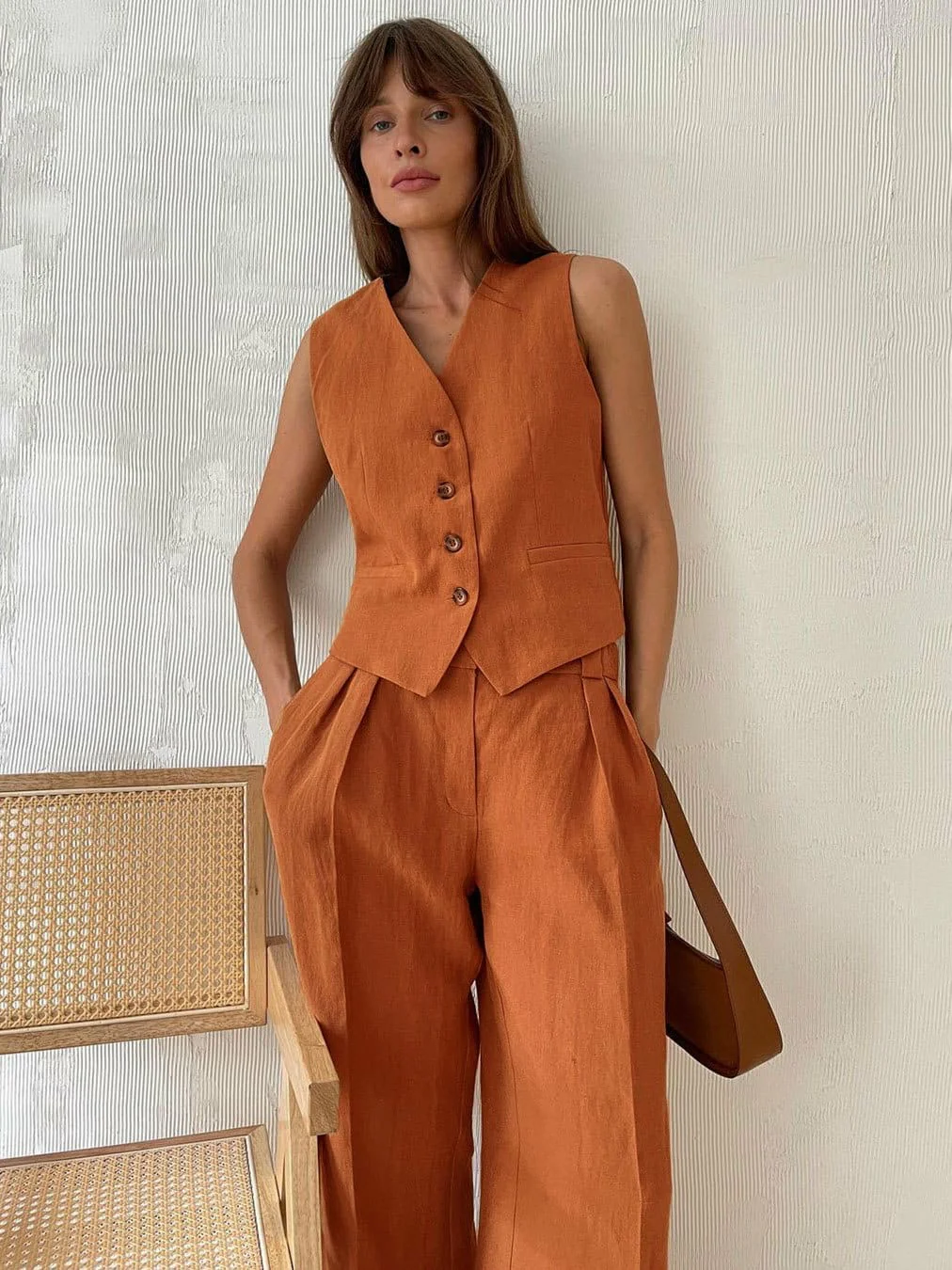 Hodor Statement Linen Vest Suit with Pants In Orange - Image 3