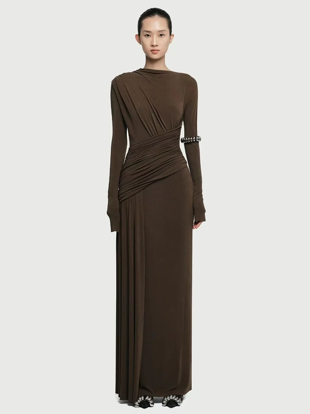 Isadora Luxe Bodycon Gathered Dress In Brown - Image 7