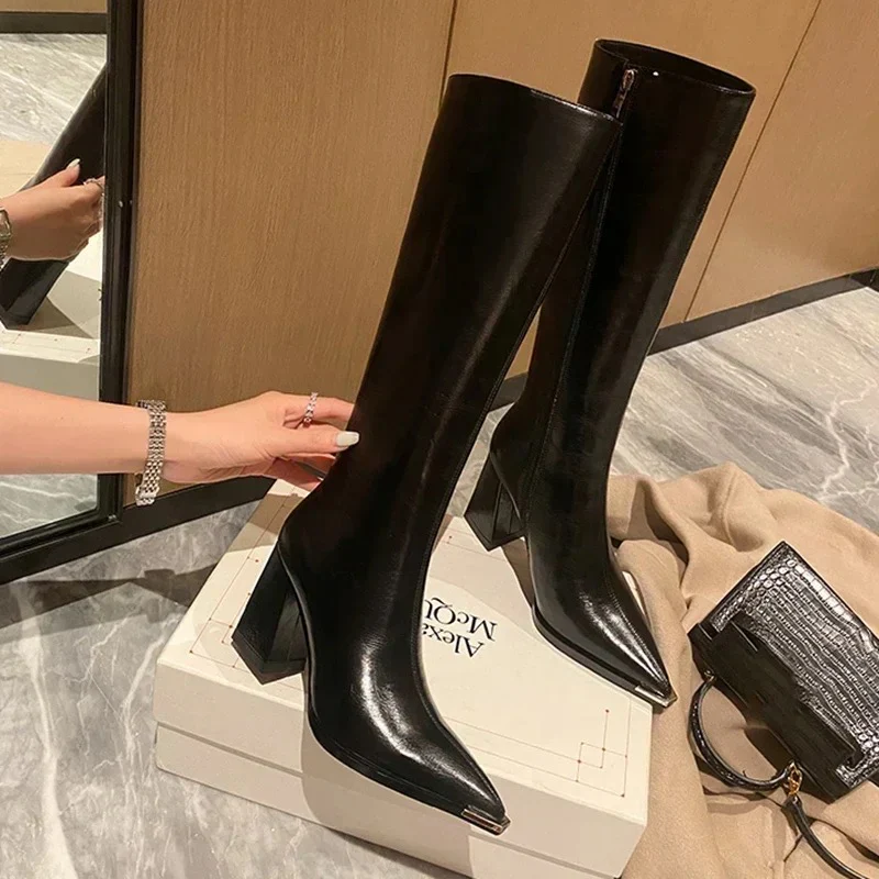 James Knee High Pointed Leather Boots - Image 3