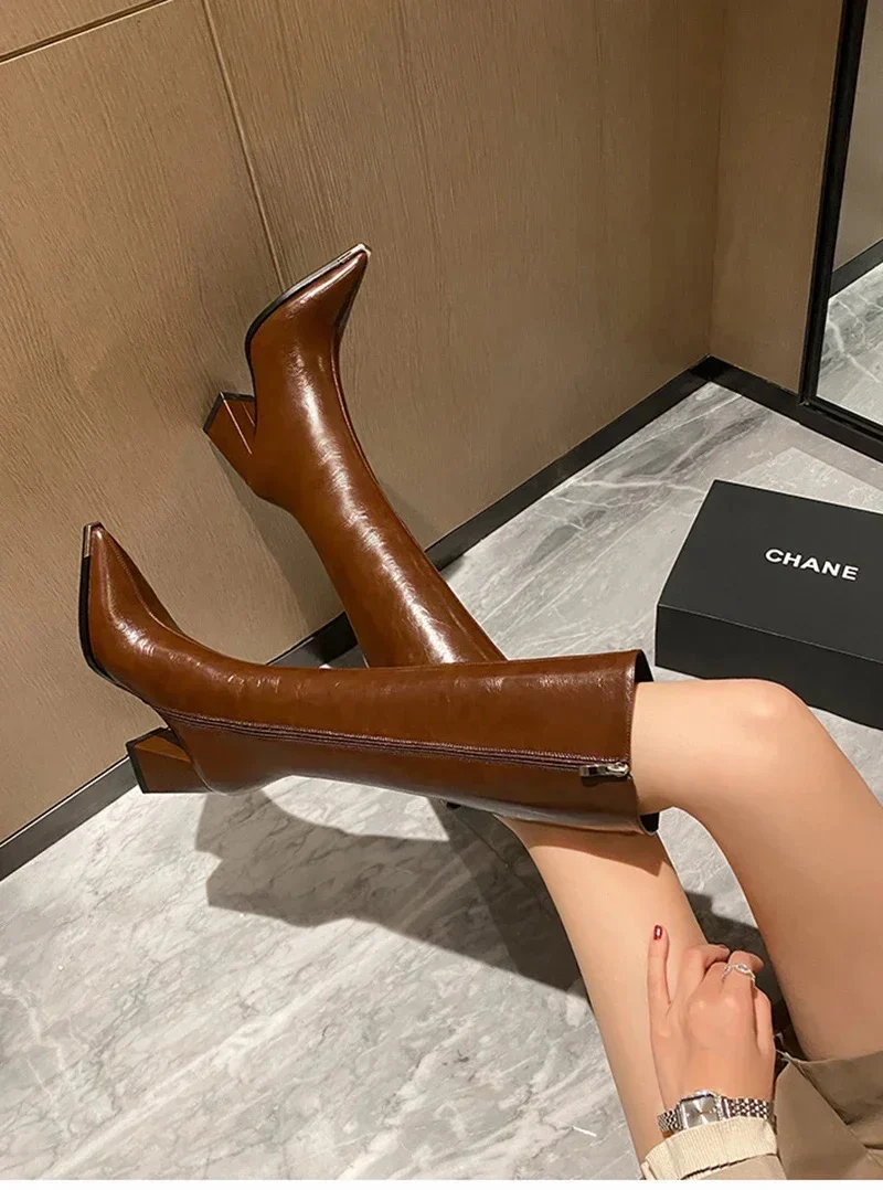 James Knee High Pointed Leather Boots - Image 4